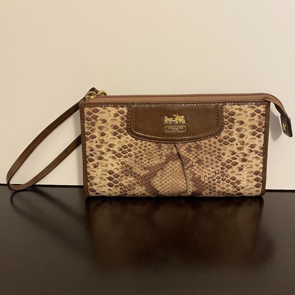 Coach | Bags | Coach Madison Brown Patent Leather Python Satin Wristlet ...